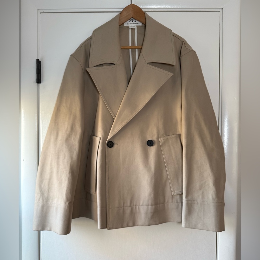 Zara Man Edition Short Trench Coat Jacket 100% Cotton Khaki Tan Medium - Picture 3 of 11